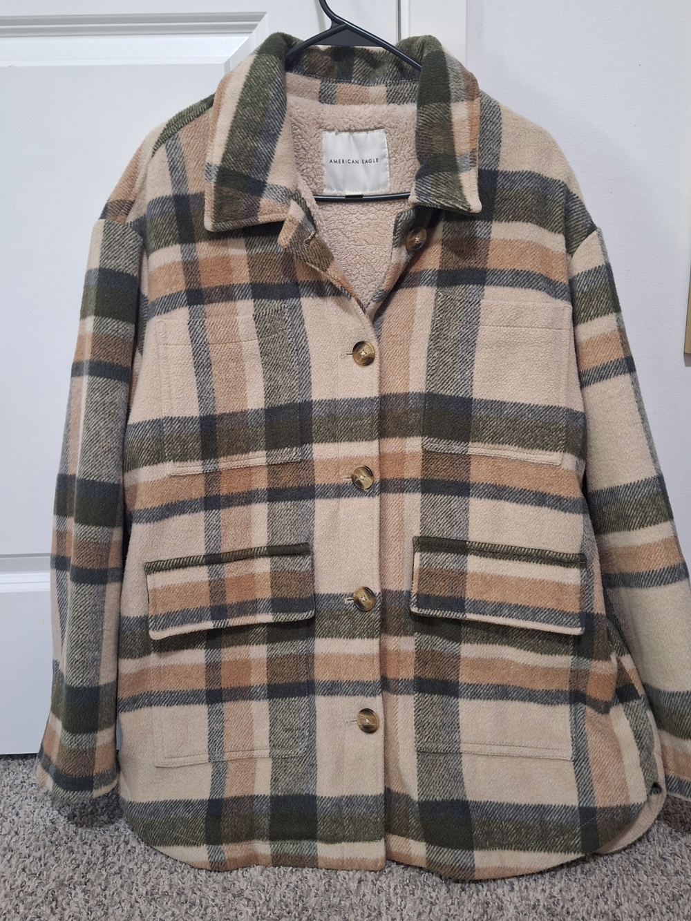 American Eagle Outfitters Beige, Olive & Tan Plaid Utility Jacket